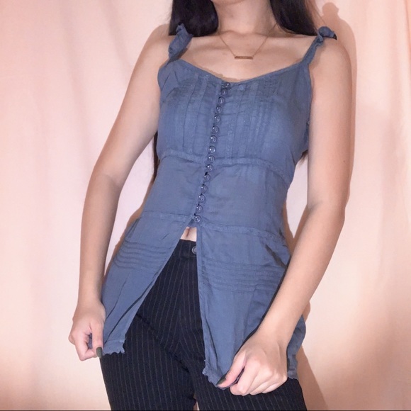 BLUE ROXY BUTTON AND LETTUCE HEM STRAP CAMI - Picture 3 of 5